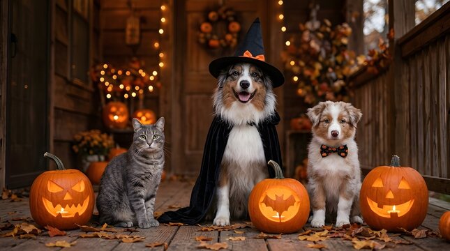Happy halloween adorable pets in costumes with jack o' lanterns for festive fall fun
