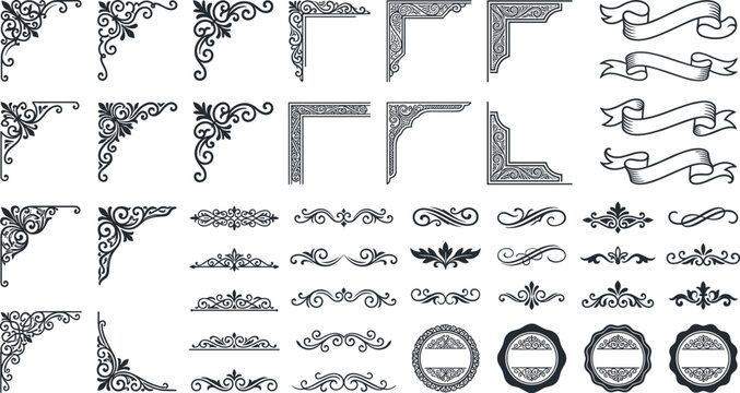 Vintage ornamental corners calligraphic dividers and elegant ribbon scrolls vector set for luxury certificate framing or wedding invitation design
