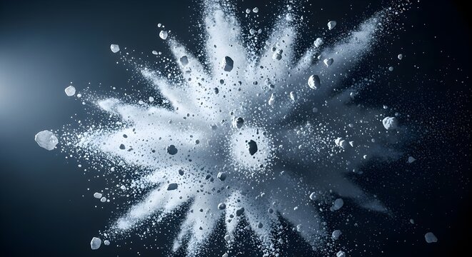 Dramatic explosion of luminous white particles scattering outward against a deep, dark void, capturing an intense moment of impact, abstract energy, and detailed powder motion