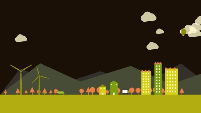Eco city landscape with wind turbines and modern buildings in flat vector style