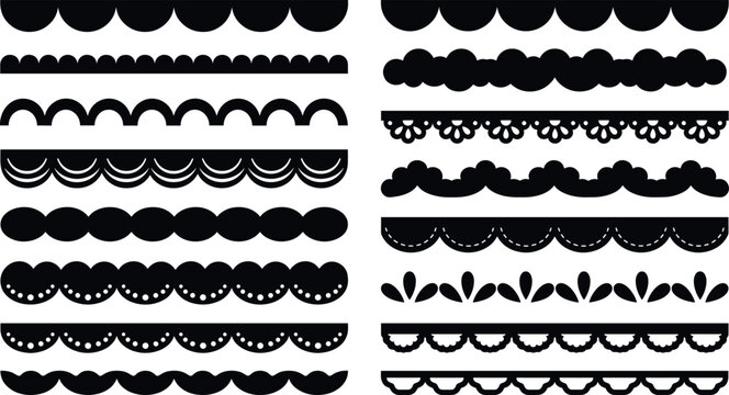 Decorative black wavy silhouette border dividers collection with scalloped trims floral contours and geometric lace edge patterns