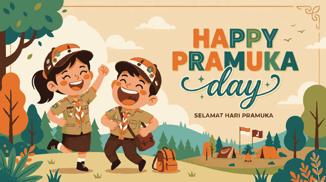 Cheerful illustration of two young scouts celebrating pramuka day outdoors with tents and forest background in flat vector style