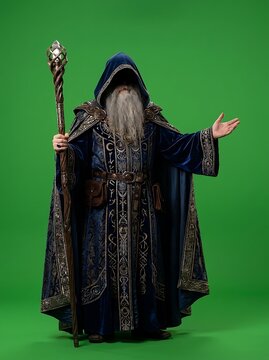 Wizard makes welcoming gesture with staff in hand on green background