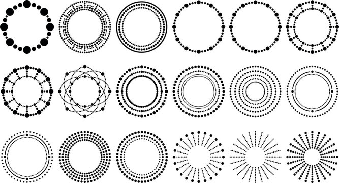 Abstract black dotted round frames and circle border vectors set with geometric dots sunburst shapes molecules and mandala ornaments