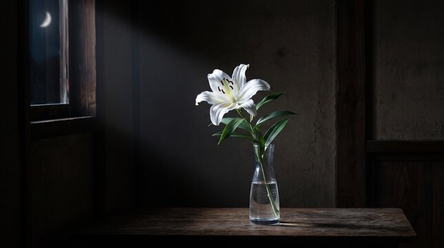 White lily in glass vase by window with moonlight in dark room