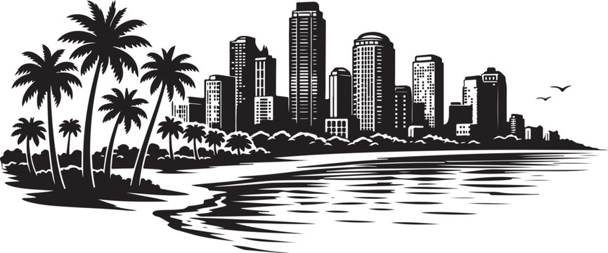 Florida Skyline Silhouette Vector Illustration with Coastal Skyline, Palm Trees and Ocean Horizon