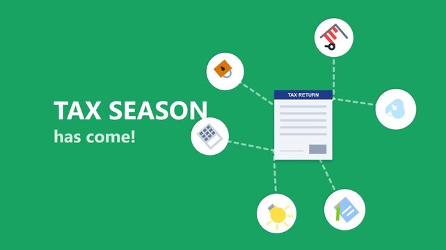 Tax season document with business icons and financial data analysis