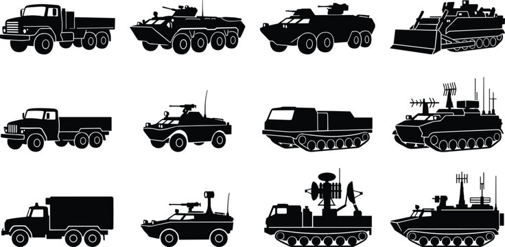 Military Vehicle Silhouette Collection with Armored Trucks Tactical Carriers and Combat Support Equipment