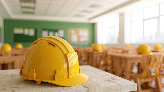 Yellow hard hats sit on wooden desks in a bright, sunlit classroom