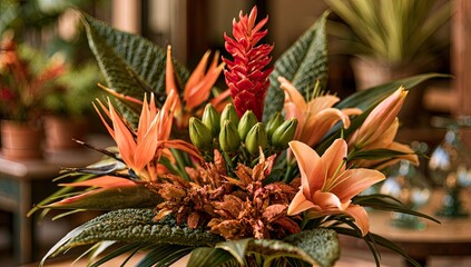 Obraz premium Vibrant tropical floral arrangement with orange and red blooms
