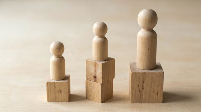 Wooden figurines on blocks representing growth and progress.