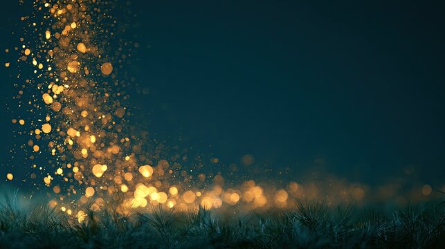 Golden dust motes float upwards over a dark, hazy, grassy foreground