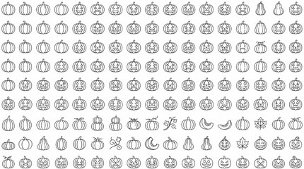 Fototapeta premium Pumpkin and Jack O Lantern Halloween Vector Icons Mega Pack Outline Clipart Collection