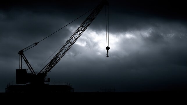 Silhouette of a large construction crane against a stormy, dark sky