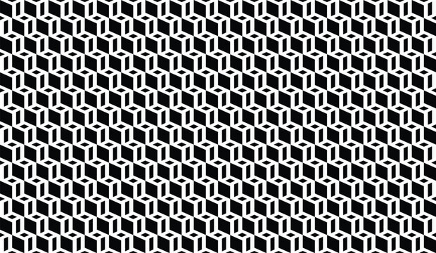 A seamless, high-contrast geometric pattern of repeating black and white isometric, tessellating step or block shapes, creating a 3D optical illusion.