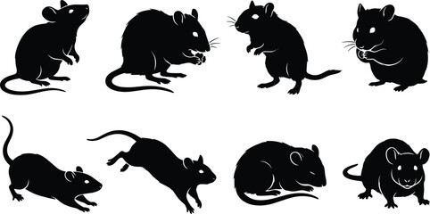 Naklejka premium Mouse Silhouette Collection Featuring Standing Running Sleeping Eating and Alert Rodent Poses Vector Set