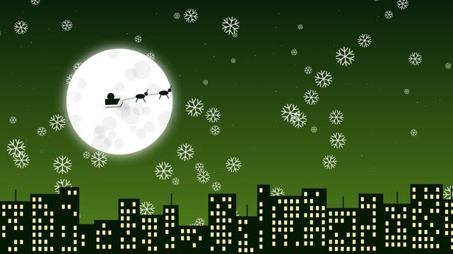 Santa sleigh flying over city skyline with full moon and falling snow animation