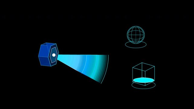 Automotive LiDAR sensor technology infographic showing scanning laser beam detecting 3D wireframe objects on black background