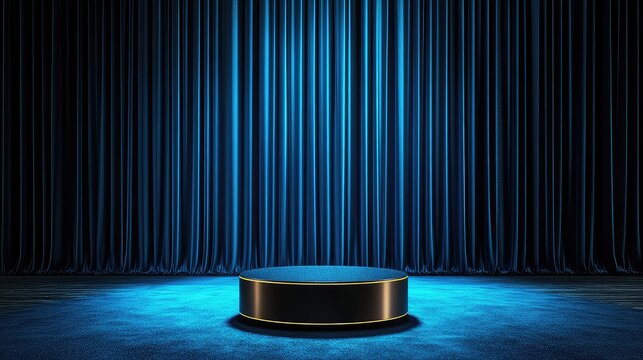 Empty Podium on Stage with Blue Velvet Curtains