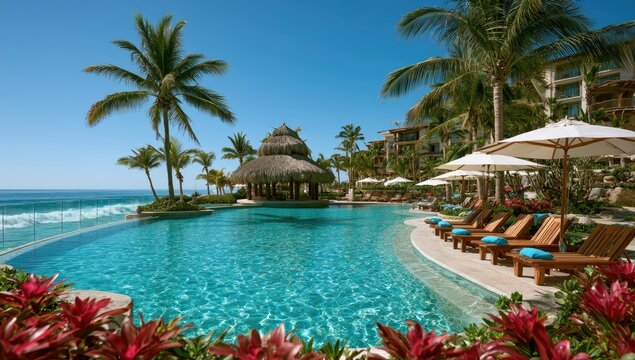 Sunny resort with tropical pool, palapas, lounge chairs, and ocean view
