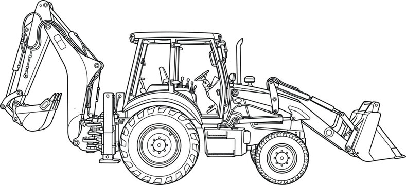 Detailed black outline backhoe loader excavator vector illustration showing machinery profile view for children coloring book pages
