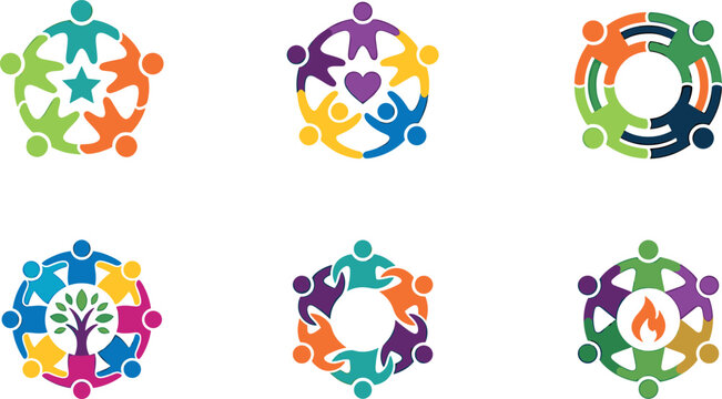 Colorful community unity and teamwork logo icons collection showing people holding hands in circles around star heart tree and fire elements