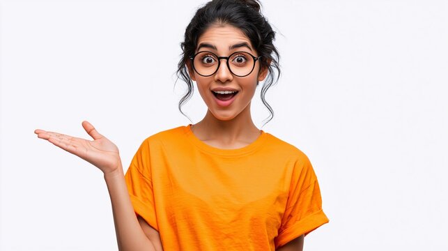 Joyful young woman in orange shirt, glasses, gesturing with open hand against plain white background