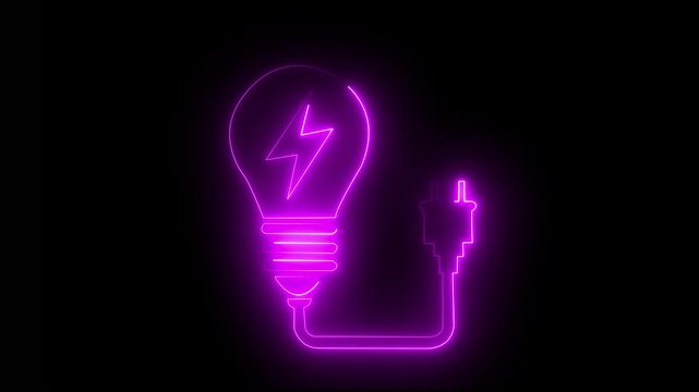 Glowing neon electric plug and lightning bolt power charge icon isolated on black background, perfect for energy and technology concept. 4k video