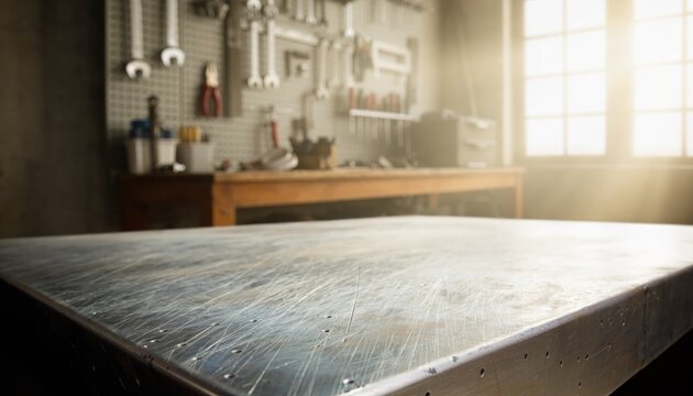 Rustic wooden workbench surface with tools in a blurred workshop background.