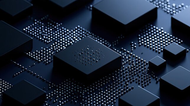 Abstract dark geometric pattern with metallic dots and glowing circuits