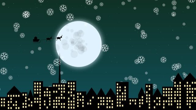Santa claus sleigh flying over city skyline with full moon and falling snow