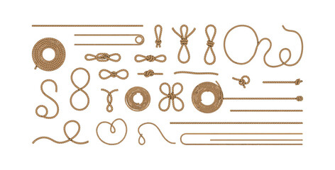 Collection of various rope knots and cord segments in a realistic brown textured vector design © mkpn