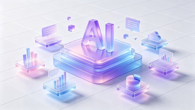 3D AI platform with cloud, analytics and business data icons, idea for artificial intelligence, machine learning, automation software, digital transformation, technology presentation