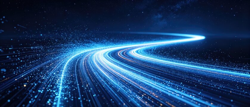 Abstract blue data stream with glowing digital light trails in space, idea for AI computing, high speed network, cloud technology, big data visualization, futuristic innovation banner