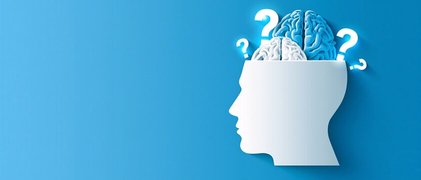 White silhouette head reveals brain with question marks above, blue background.