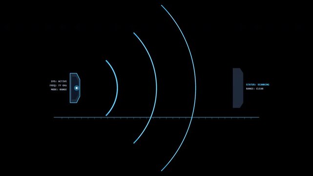 Premium flat vector graphic illustrating wireless signal transmission between two sensor devices, depicting sound wave propagation in a digital communication technology concept