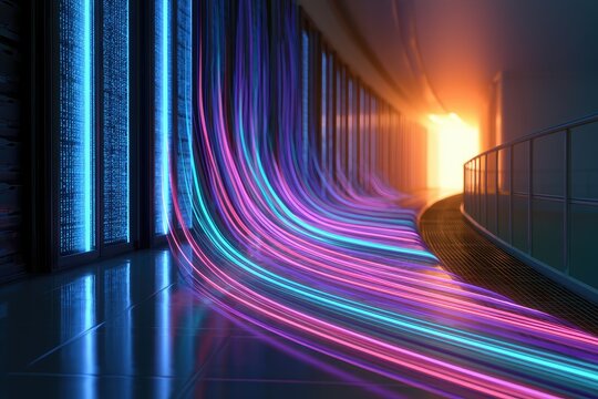 Data flow in futuristic server room with glowing neon lines