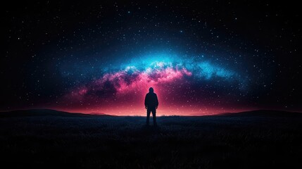 Fototapeta premium Silhouette of a lone traveler standing under a vibrant colorful milky way night sky