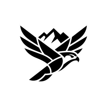 Stylized Falcon Bird Flying Over Mountain Peaks Silhouette Logo.