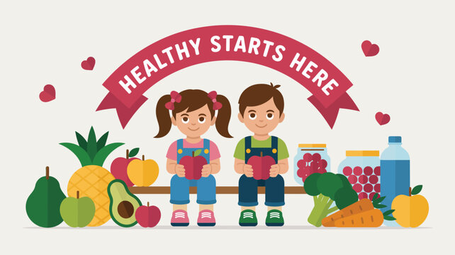Happy children holding apples surrounded by diverse fruits and vegetables with a Healthy Starts Here banner