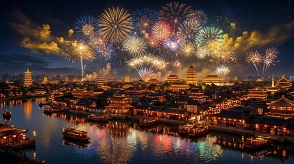 Naklejka premium Night Panorama of China's Old Town with Festive Fireworks and Boats on the River 
