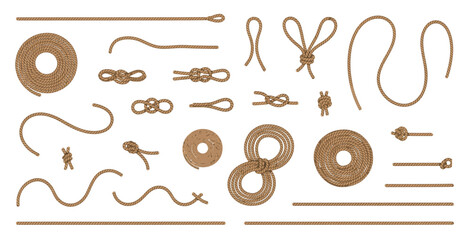 Detailed set of various rope knots, coils, and straight cord segments for nautical illustrations © mkpn