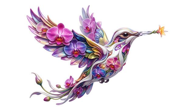 Hummingbird made of colorful orchid flowers isolated on transparent background