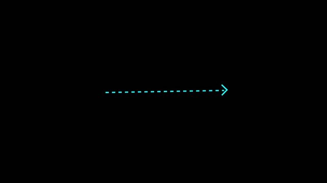 Animated of long dotted line arrow animation to indicate an object on black background. White single dot arrow icon right direction animation. 4k