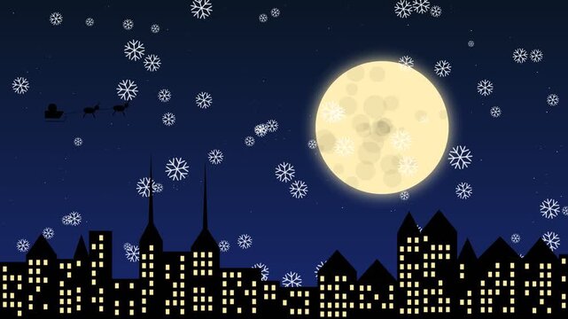 Christmas city skyline with full moon and falling snow animation