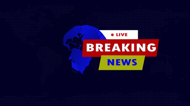 "High-impact BREAKING NEWS LIVE broadcast animation featuring bold BREAKING NEWS and LIVE badge, rotating 3D globe..
