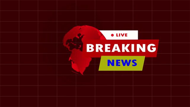 "High-impact BREAKING NEWS LIVE broadcast animation featuring bold BREAKING NEWS and LIVE badge, rotating 3D globe..