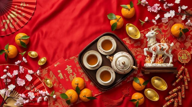 Chinese New Year Background Flat Lay Set White Ceramic Teapot, Mandarin Orange, Fan, and Goat Zodiac 