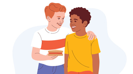 Fototapeta premium Happy diverse boys embracing affectionately, sharing a friendly moment with a delicious sandwich