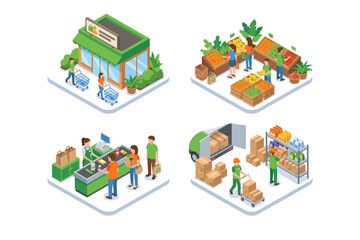 Fototapeta premium Isometric illustrations of grocery store processes shopping, checkout, and supply chain management